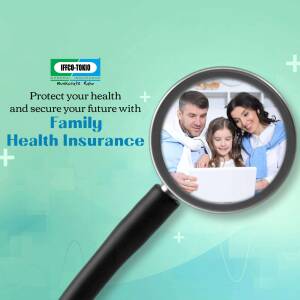 Family looking at health insurance documents through a magnifying glass