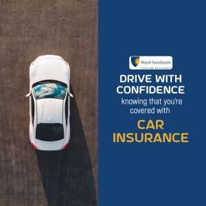 Top-down view of a white car with Royal Sundaram Insurance logo and text promoting car insurance.