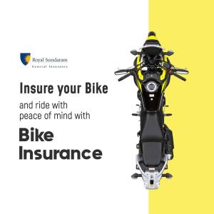 Royal Sundaram Bike Insurance advertisement featuring a black and yellow motorcycle.