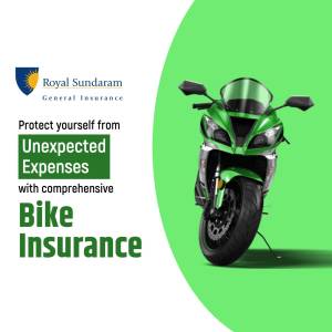 Green sports bike with Royal Sundaram Insurance advertisement