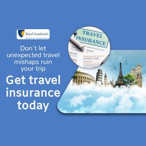 Travel insurance advertisement featuring landmarks and the Royal Sundaram logo.