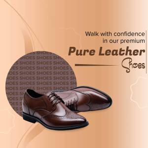 Brown leather shoes on a gradient background with text promoting confidence and quality.