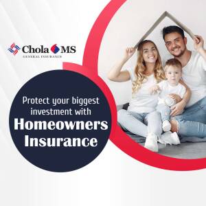 Family under a house frame with Chola MS Insurance logo and text promoting Homeowners Insurance.
