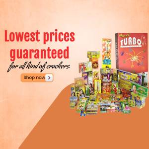 Assortment of Diwali crackers with a promotional offer for lowest prices.