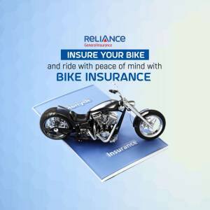 Image of a motorcycle on top of an insurance document with Reliance General Insurance branding.