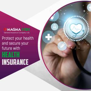 Magma HDI Health Insurance advertisement featuring a doctor with a stethoscope and digital health icons.