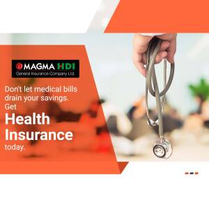 Image promoting Magma HDI General Insurance health insurance with a stethoscope and text about protecting savings from medical bills.