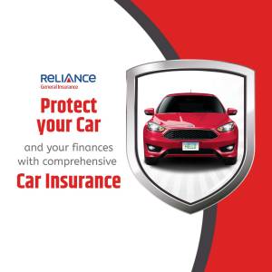 Red car with Reliance General Insurance shield logo