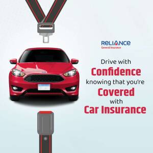 Red car with a seatbelt graphic and Reliance General Insurance logo