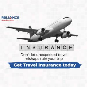 Airplane with Reliance General Insurance branding promoting travel insurance.