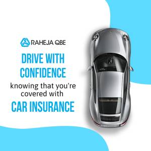 Top-down view of a silver Porsche with Raheja QBE car insurance advertisement.