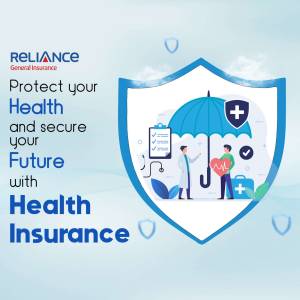 Reliance General Insurance health insurance advertisement with an umbrella shield.