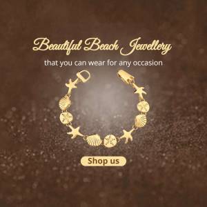 Gold bracelet with seashell and starfish charms on a brown glitter background