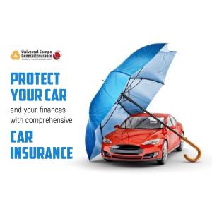 Red car sheltered under a blue umbrella with insurance text