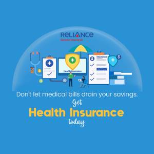 Illustration of health insurance benefits with Reliance General Insurance logo and text promoting health insurance.