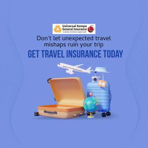 Travel insurance advertisement featuring a suitcase, globe, and airplane.