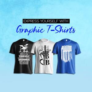 Three graphic t-shirts - black, white, and blue - with unique designs.