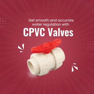 Close-up of a red and white CPVC valve against a red and white burst background.
