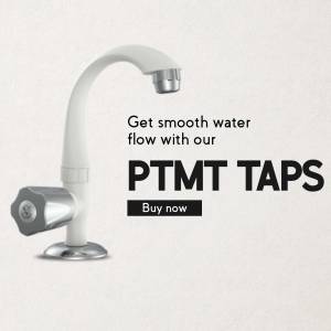 Close-up of a white and silver PTMT faucet with promotional text.