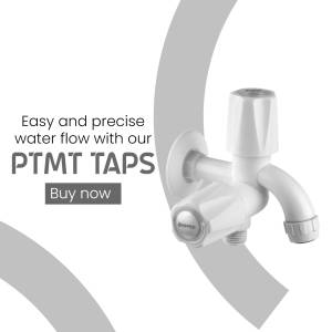 Close-up of a white PTMT tap with a grey background and promotional text.
