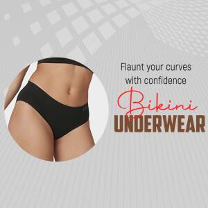 Close-up of a woman wearing black bikini underwear with text 'Bikini Underwear'