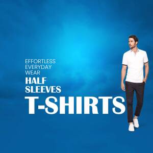 Man wearing a white half-sleeve t-shirt and dark pants against a blue gradient background with text promoting t-shirts.