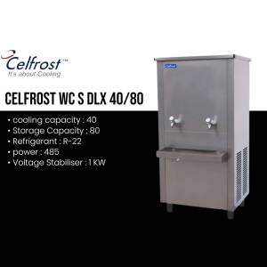 Silver Celfrost water cooler with two taps against a black background