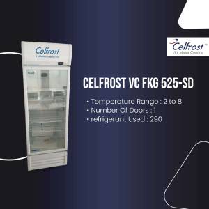 Celfrost VC FKG 525-SD single door refrigerator with temperature range and refrigerant details.