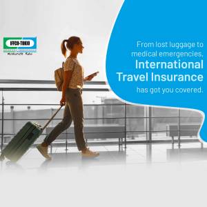 Woman walking with luggage in an airport, promoting travel insurance.