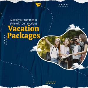 Image promoting vacation packages with a group of friends enjoying a trip.