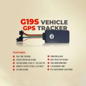 Close-up of a G19S Vehicle GPS Tracker device with wire connections and feature list.