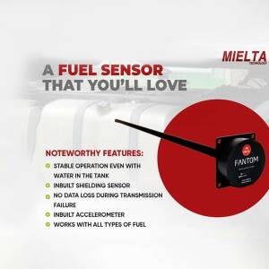 Close-up of a Mielta Fantom fuel sensor with key features listed.