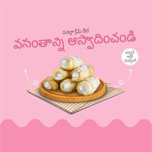 A wooden serving board with cream rolls on a pink background.