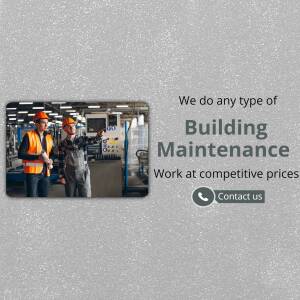 Two construction workers discussing plans in a factory with text advertising building maintenance services.