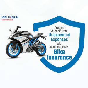 Reliance General Insurance advertisement featuring a KTM motorcycle and a shield.