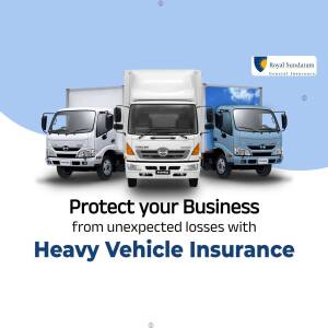 Three trucks with Royal Sundaram Heavy Vehicle Insurance advertisement