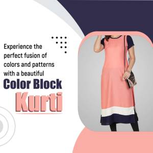 A woman wearing a color block kurti with a handbag.