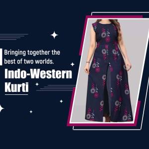 Woman wearing a navy blue floral print Indo-Western Kurti with a slit.