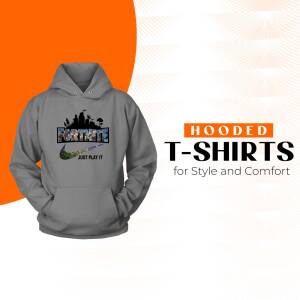 Gray hooded t-shirt with Fortnite graphic