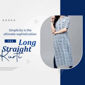 Woman wearing a blue and white patterned long straight kurti.