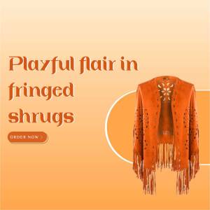 Orange fringed shrug on a peach background with text 'Playful flair in fringed shrugs'