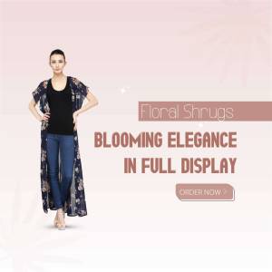 Woman wearing a floral shrug over a black top and jeans.