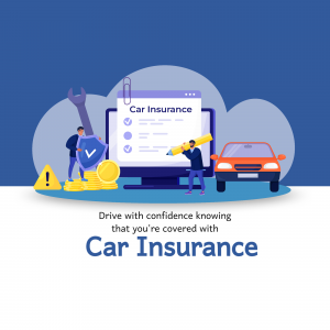 Illustration depicting car insurance concept with people, car, and digital elements.