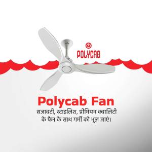 White PolyCab ceiling fan against a red and white background with text in English and Hindi.