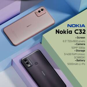 Nokia C32 smartphone in pink and black colors with specifications displayed