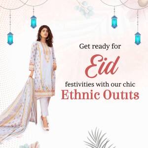 Woman wearing a light blue and white patterned Eid outfit with a matching dupatta.
