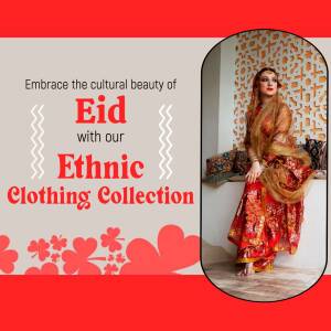 Woman in traditional Eid attire promoting ethnic clothing collection