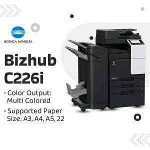 Konica Minolta Bizhub C226i color printer with features listed