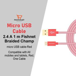 Red Phonokart Micro USB Cable - 2.4A 1m Fishnet Braided
