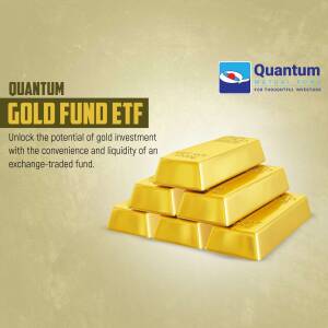 Quantum Gold Fund ETF advertisement featuring gold bars.